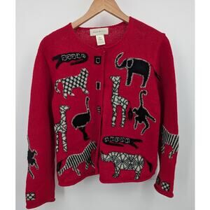 Susan Bristol Red Knit Animal Appliqué Cardigan Sweater Size S 2000 Vintage